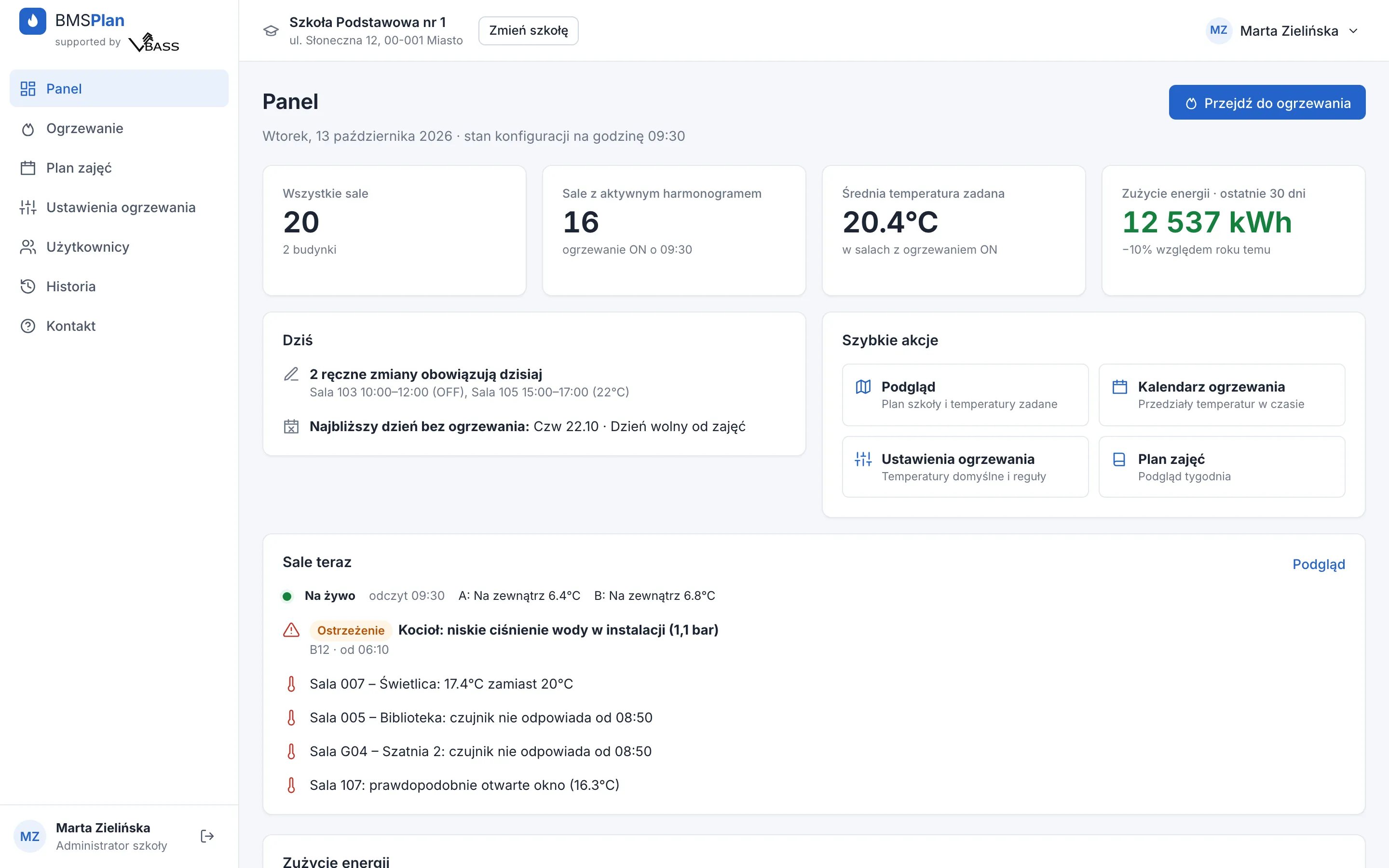 Panel z odczytami i alertami sal